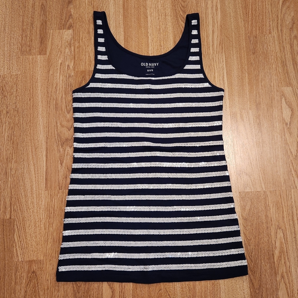 Old Navy Cotton Striped Sequin Nautical Tank Top Navy Blue White Medium